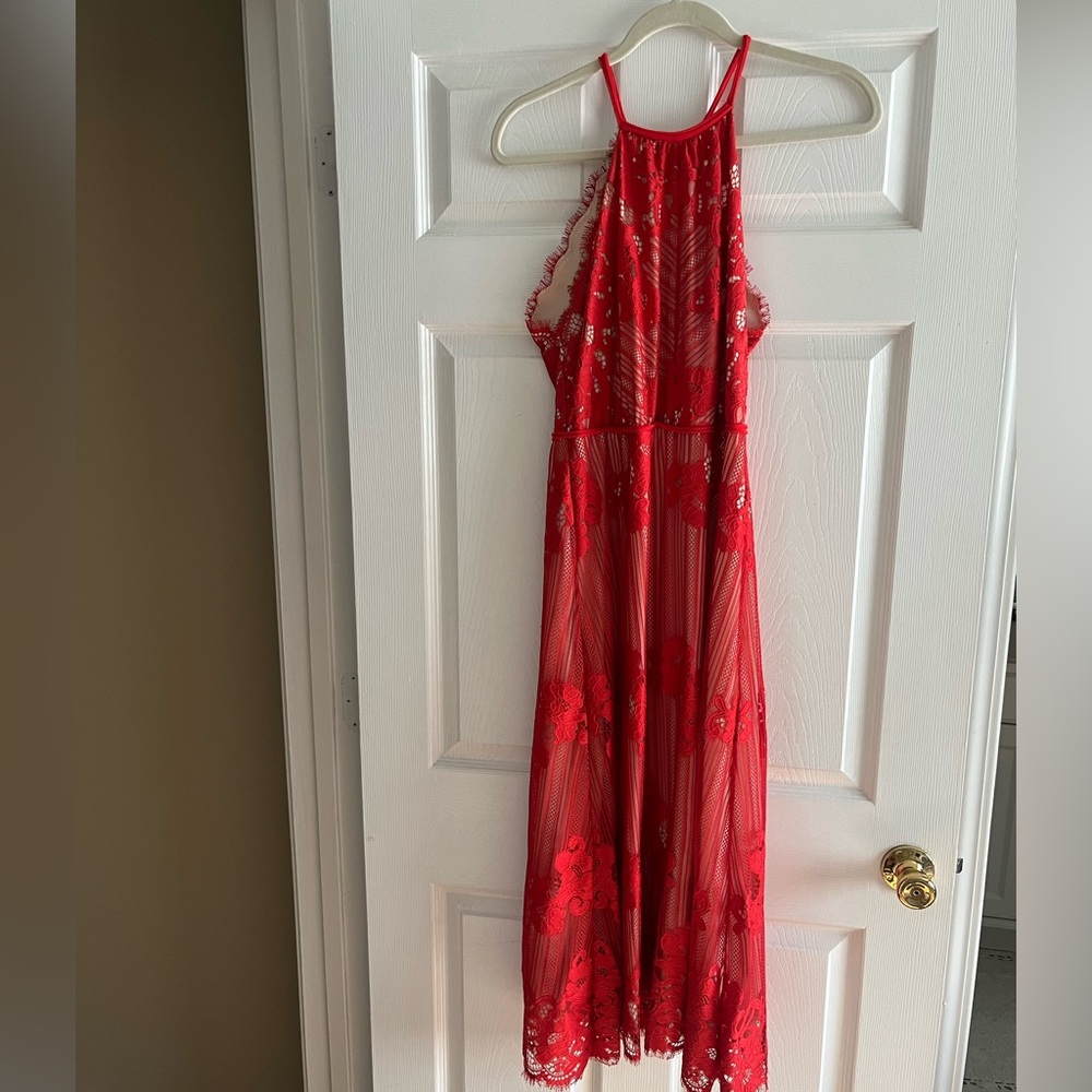 Chelsea and Violet red lace midi halter dress